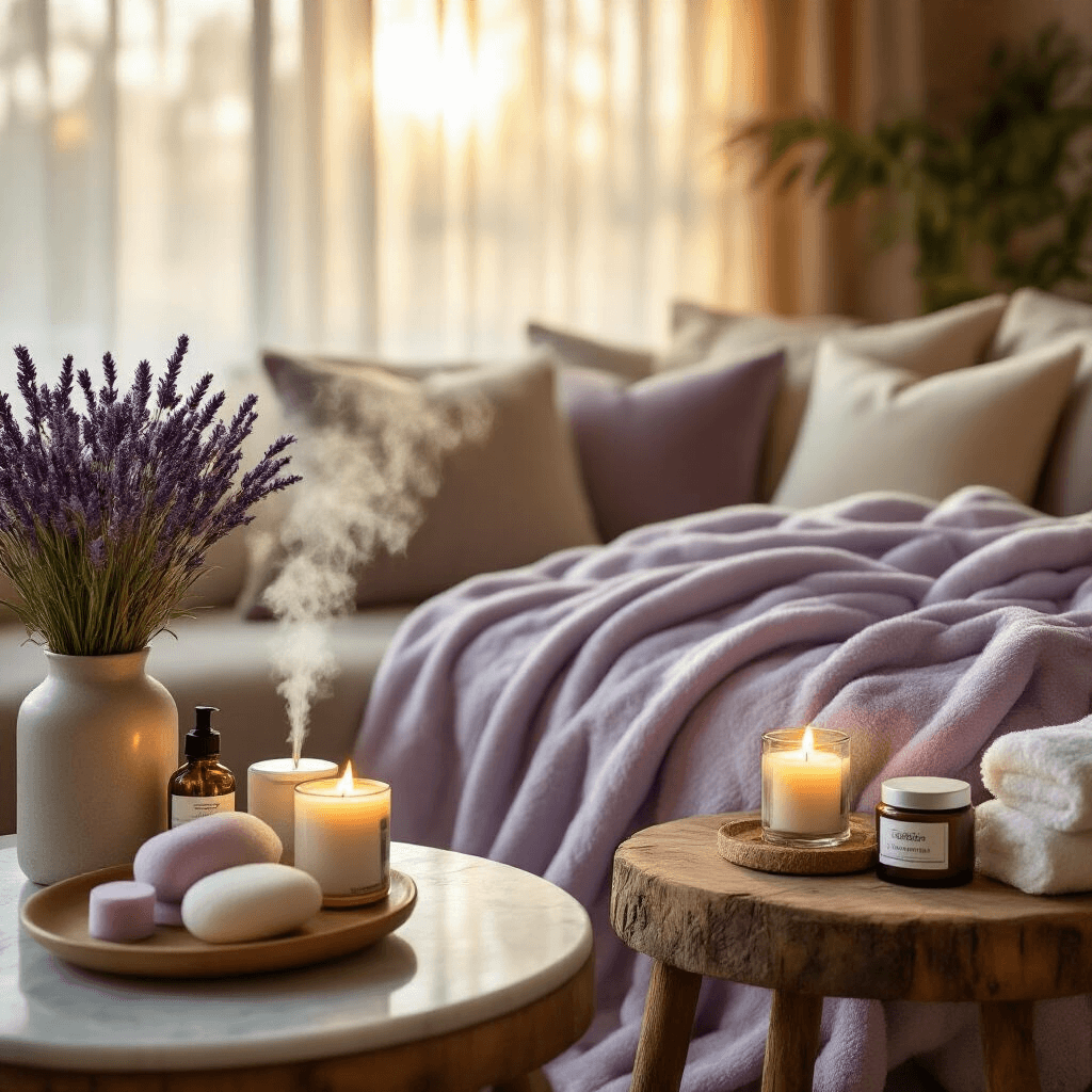 Cozy living room self-care sanctuary featuring weighted blankets on velvet cushions, essential oil diffusers, and spa treatment collections on rustic wooden tables, illuminated by golden hour light filtering through sheer curtains, with a focus on luxurious bath bomb sets and aromatherapy candles on marble surfaces.