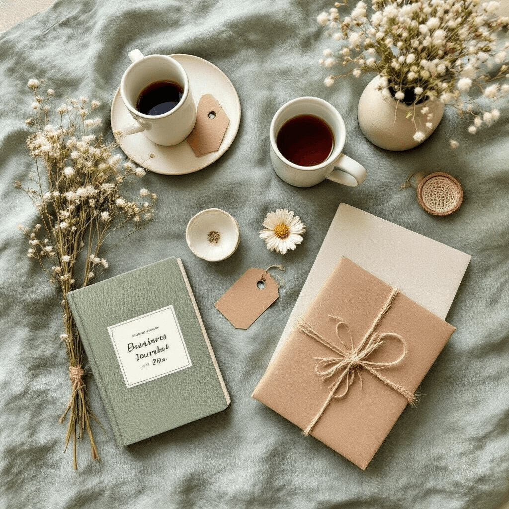 Charming flat lay of a budget-friendly apartment kitchen, featuring cute coffee mugs, inspirational journals, and small decorative items on a sage green linen backdrop, accented by dried florals and kraft paper gift tags in soft natural lighting.