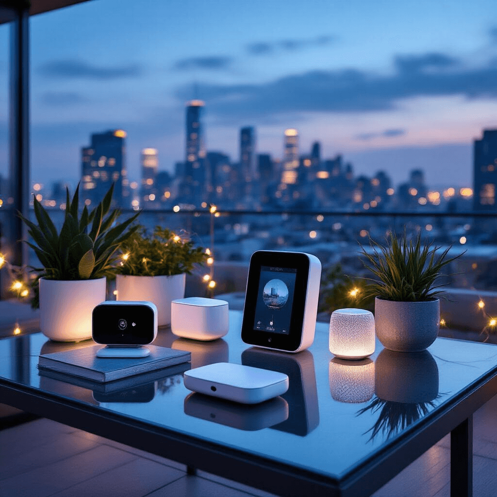 A modern rooftop terrace elegantly arranged with smart home devices, wireless earbuds, and digital photo frames on sleek glass tables, set against a city skyline at night with fairy lights, featuring cool blue and silver tones and minimalist geometric planters.