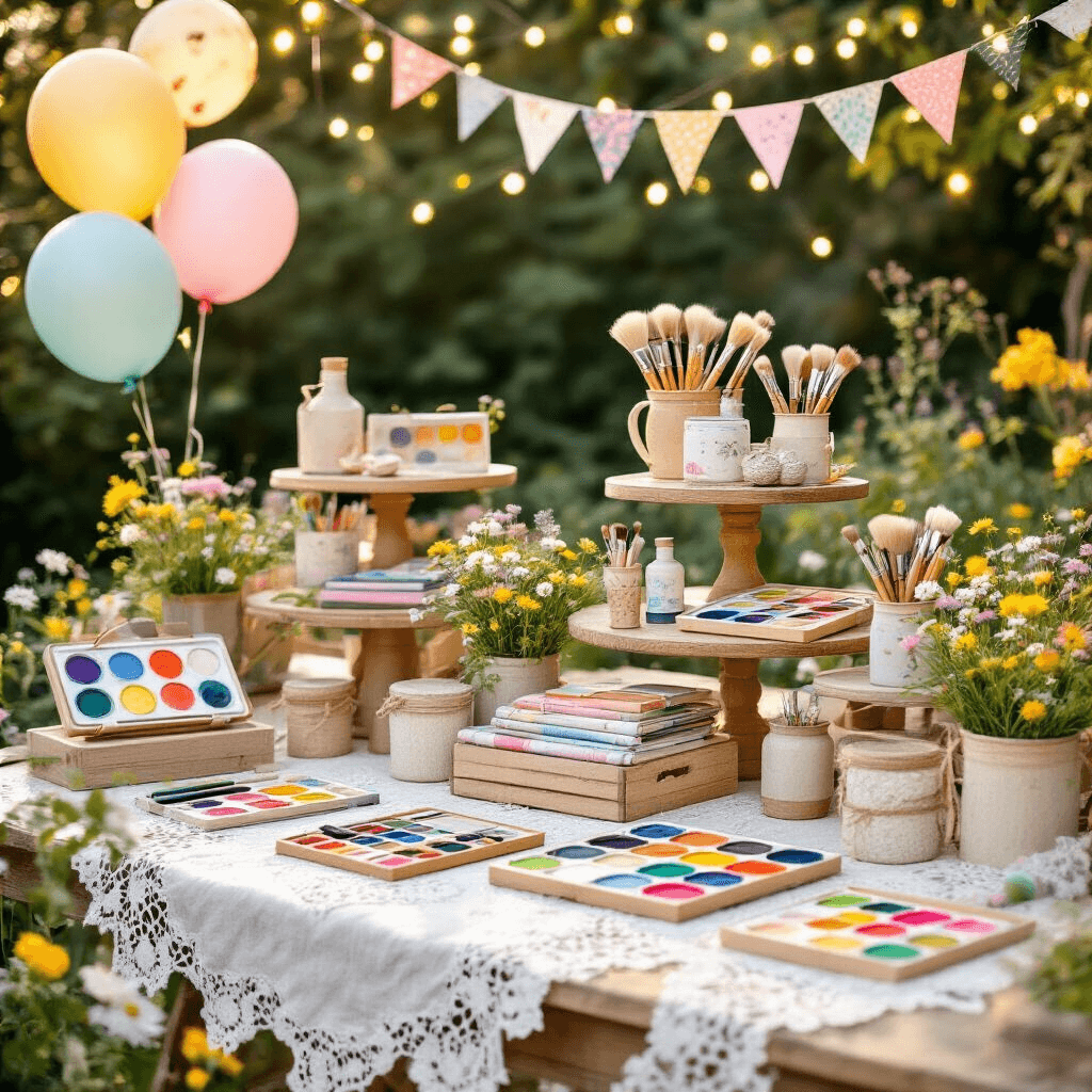 A whimsical garden party scene celebrating creative moms, featuring art supply kits and craft materials on tiered wooden stands, illuminated by fairy lights. Watercolor palettes, brush sets, and colorful hobby tools are arranged on vintage lace tablecloths, surrounded by pastel balloons, fresh wildflowers, and handmade bunting.