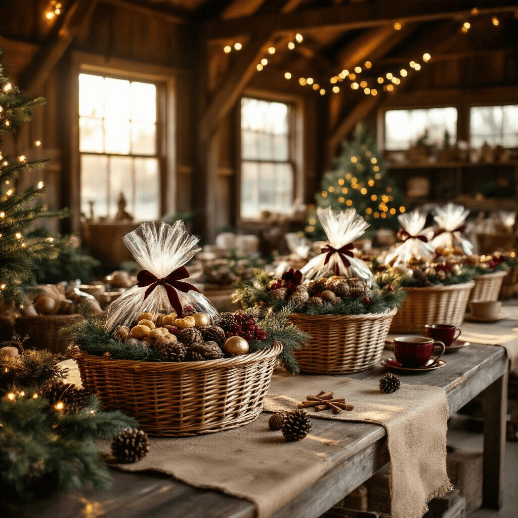 Cinematic wide-angle view of a rustic barn workshop filled with elegant Christmas gift baskets, illuminated by golden hour sunlight. The scene features vintage wicker baskets filled with gourmet treats, adorned with sheer cellophane and velvet ribbons, surrounded by pine cones, cinnamon sticks, and fairy lights, all harmonized in a rich burgundy and forest green palette.