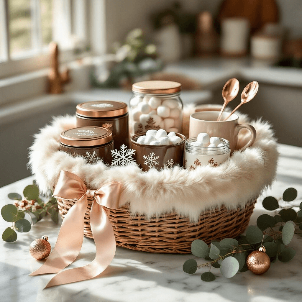 Overhead view of a luxurious Hot Chocolate Heaven basket on marble countertops, filled with artisan cocoa tins, snowflake marshmallows in jars, chocolate-dipped spoons, and festive mugs, accented by soft morning light and rose gold details.