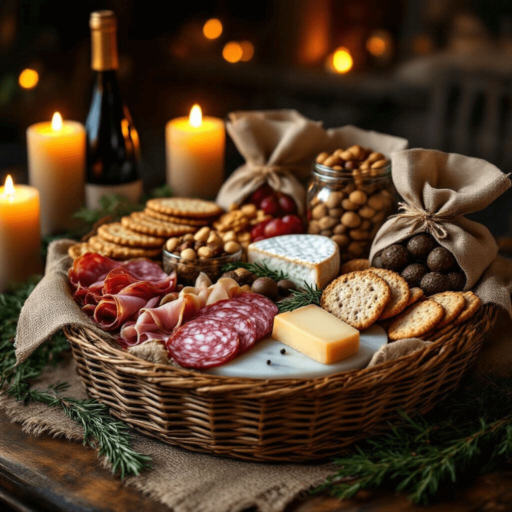 Close-up of a gourmet charcuterie basket in a cozy dining nook, featuring artisan meats, aged cheeses, fancy crackers, mixed nuts, and chocolate truffles, all illuminated by a warm candlelit ambiance with deep wine and gold tones.