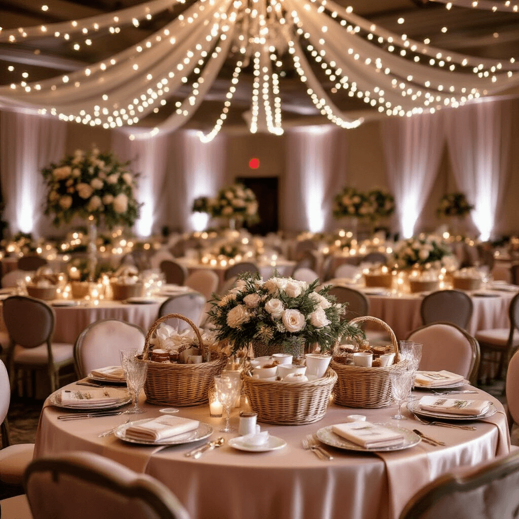 Elegant indoor ballroom featuring multiple themed Christmas baskets arranged on round tables, adorned with blush pink and cream decor, sparkling fairy lights, and luxurious floral centerpieces.