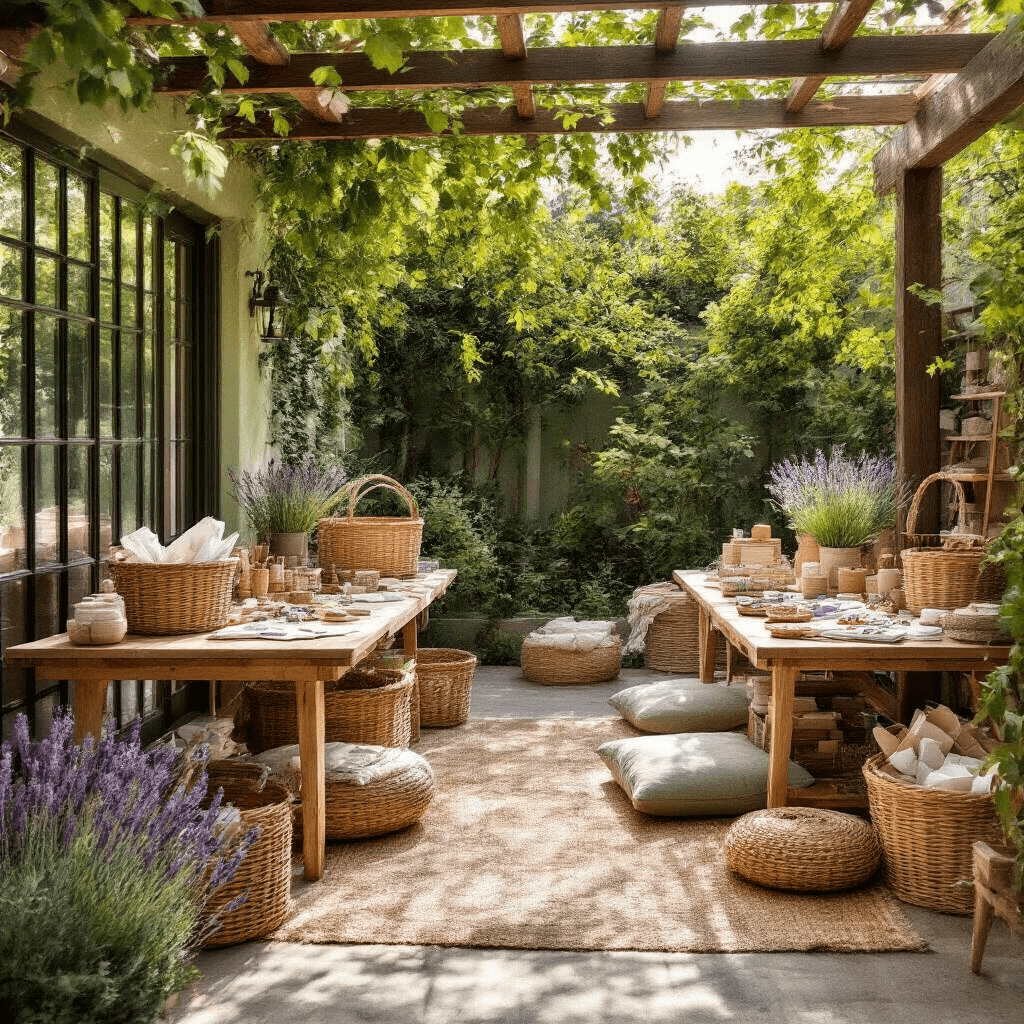 A DIY basket creation station in a stylish backyard, featuring low wooden tables surrounded by floor cushions, dappled sunlight through a pergola, and a sage green and terracotta color palette. Scattered crafting supplies include empty wicker baskets, colorful tissue paper, ribbons, and small gift items, while fresh lavender and eucalyptus add organic texture.