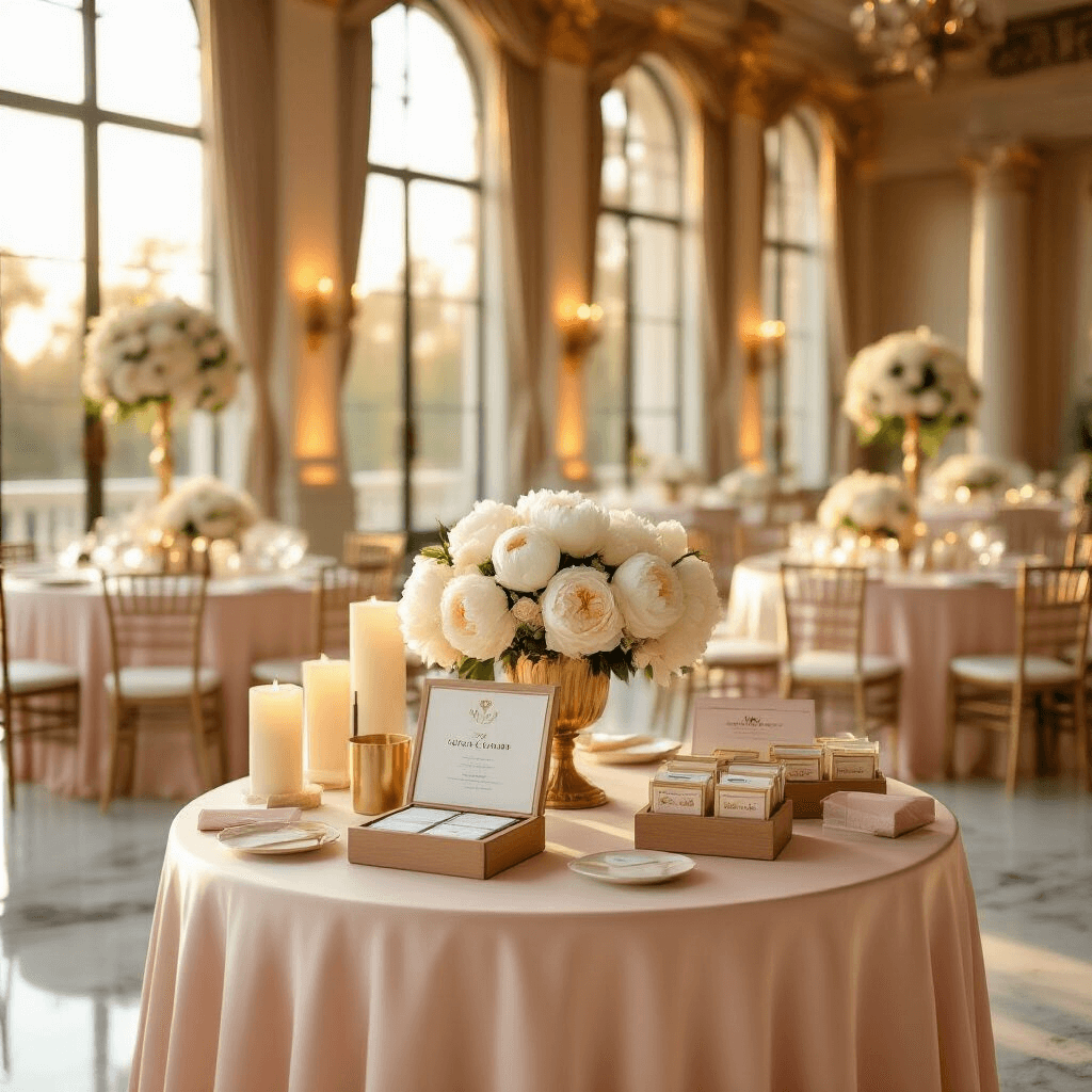 Cinematic wide-angle view of an elegant ballroom at golden hour, featuring round tables with silk blush pink linens, ornate gift card presentation stations, fresh white peonies, gold candle groupings, and sunlight streaming through tall windows, all on marble floors.