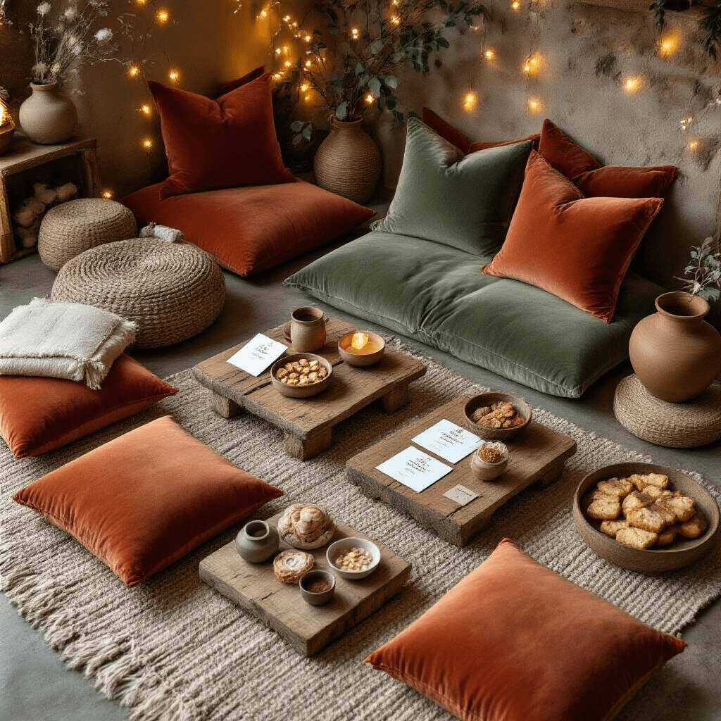 Overhead flat lay of a cozy living room with low tables, velvet cushions in terracotta and sage, experience gift cards on rustic boards, pottery class samples, gourmet food items, soft fairy lights, layered textiles, and ceramic vessels, creating an intimate atmosphere for personalized gifting.