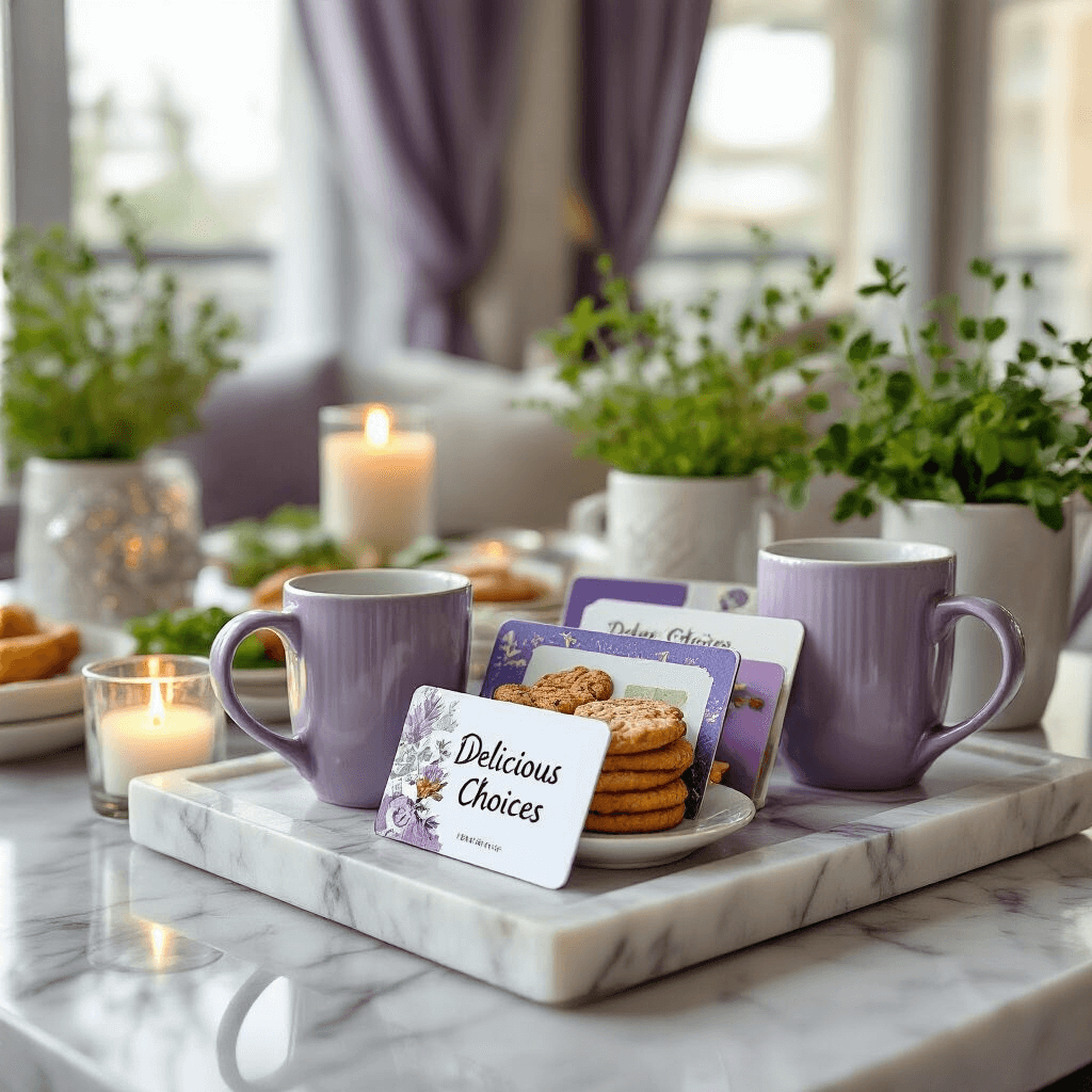 Close-up of a modern apartment dining nook with a marble countertop displaying foodie gift cards in festive ceramic mugs, surrounded by fresh herbs in glassware, sheer lavender drapery, and a custom sign reading 'Delicious Choices', all illuminated by candlelight for a cozy ambiance.