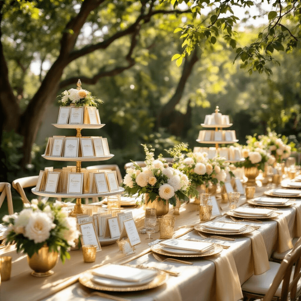 A stylish backyard garden party setup featuring tiered display stands with beauty and wellness gift cards, adorned with gold and ivory decorations, silk table runners, fresh floral centerpieces, and personalized favors, illuminated by natural sunlight filtering through trees.