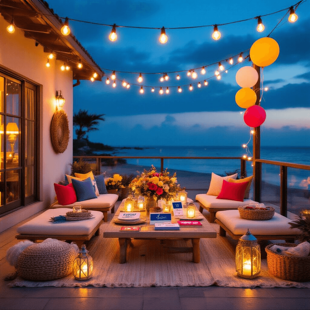 Cinematic beachfront terrace at night with fairy lights, featuring picnic-style low tables with gift cards in nautical holders, bold color accents against cream linens, layered textiles, glass lanterns, and string lights reflecting off water, complemented by custom wall decor and balloon arrangements.