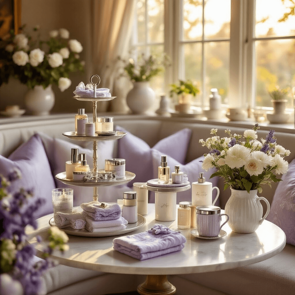 Valentine's Day Gift Guide: Unforgettable Presents for Every Relationship in 2025 Intimate dining nook with warm golden hour light featuring round pedestal tables adorned with bartender kits, beauty products, and matching pajama sets, set against lavender and silver textiles, complemented by fresh white florals in ceramic vases, creating a cozy and romantic atmosphere.