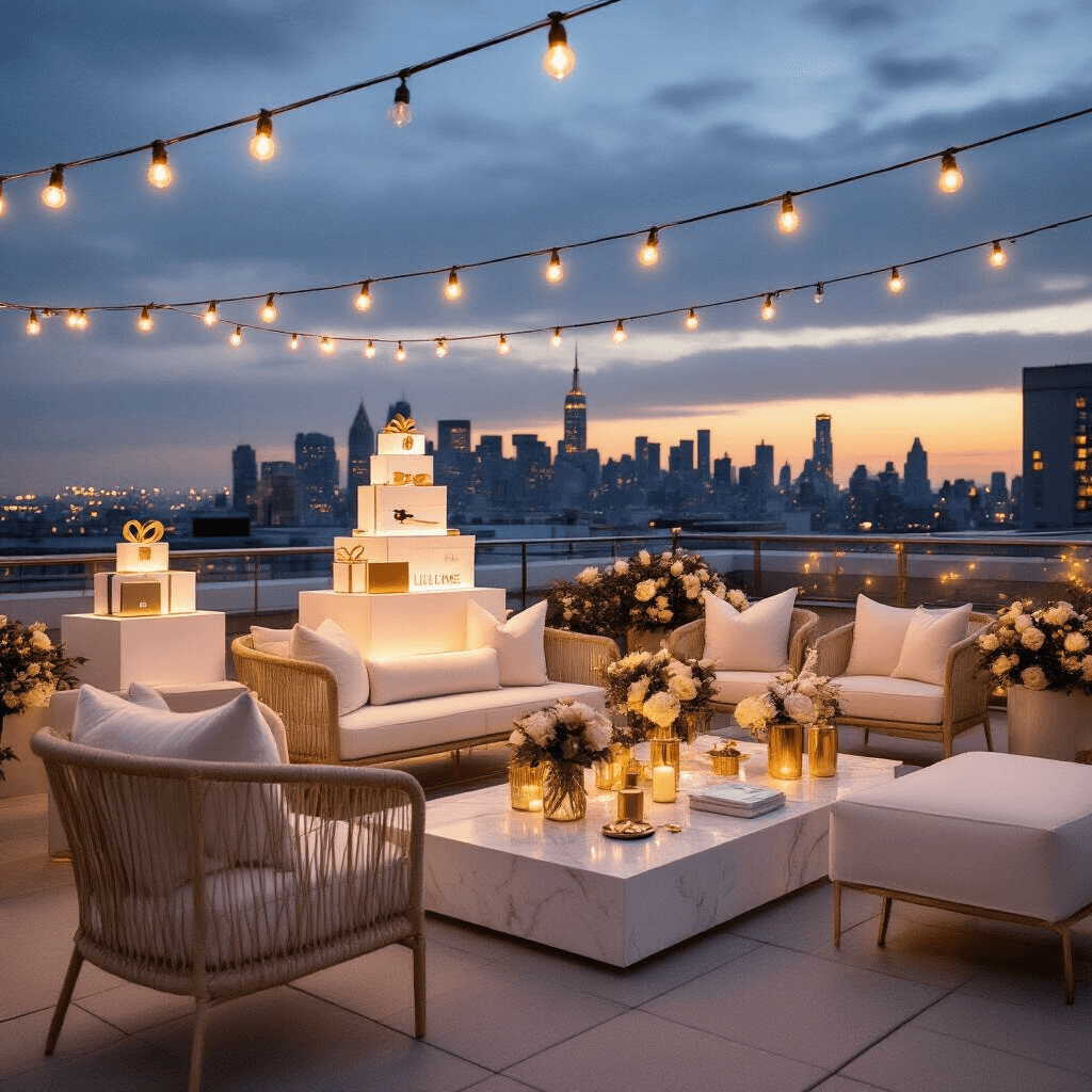 Cinematic rooftop terrace celebrating a gift exchange with modern furniture, cream linens, and gold accents, featuring tiered displays of tech gifts and accessories against a city skyline, illuminated by string lights and complemented by fresh florals and elegant place settings.