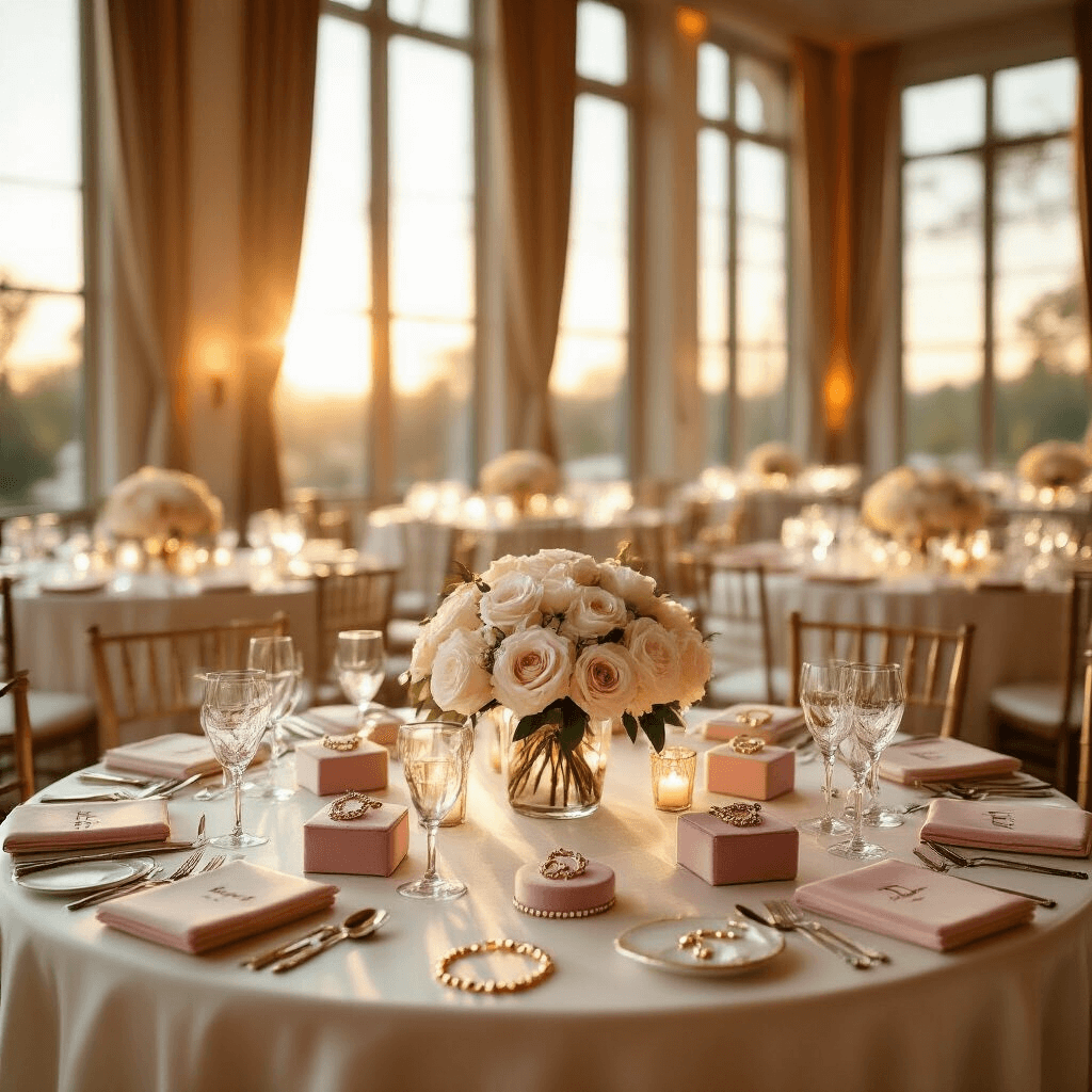 Elegant ballroom during golden hour showcasing round tables with personalized jewelry displays, silk ivory linens, blush pink and gold decor, white roses, and crystal glassware illuminated by warm natural light.