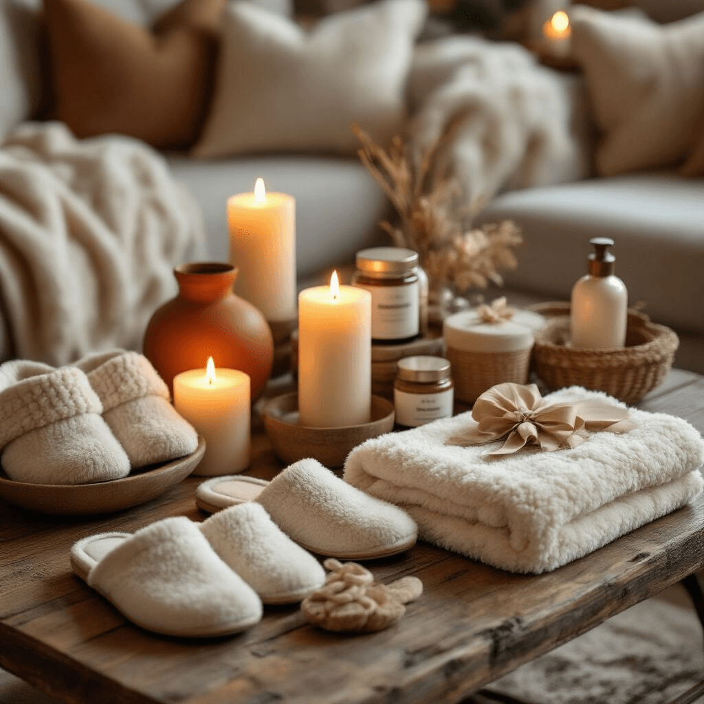 Cozy living room with candlelit ambiance, showcasing a rustic wood coffee table adorned with fuzzy slippers, spa gift sets, and sherpa blankets in warm terracotta and cream tones, surrounded by multiple glowing pillar candles.