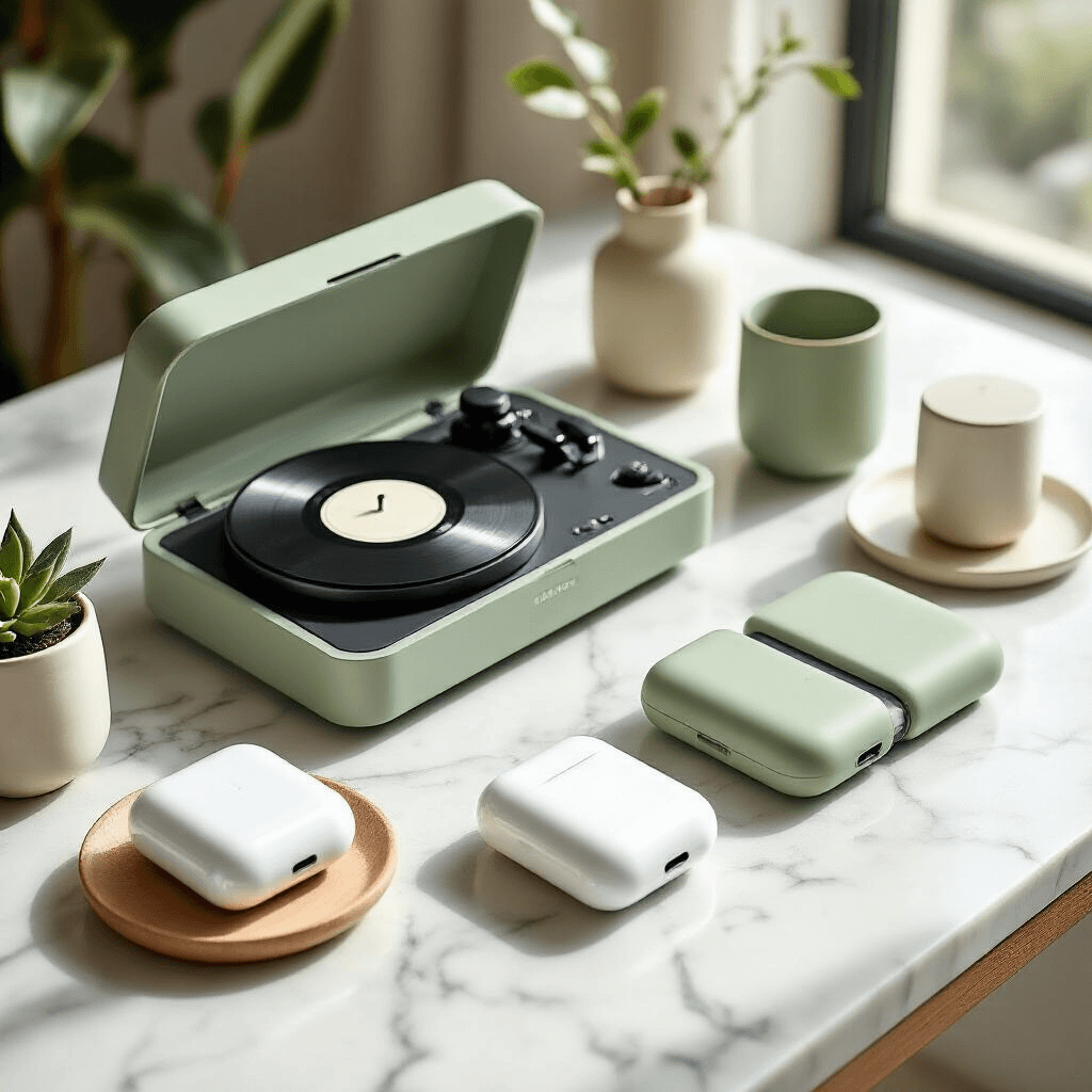 Flat lay of tech gifts including a vintage vinyl player, wireless charging stations, and personalized AirPods cases on a marble countertop, in a modern apartment with natural morning light, featuring a sage green and ivory color scheme and minimalist ceramic accents.