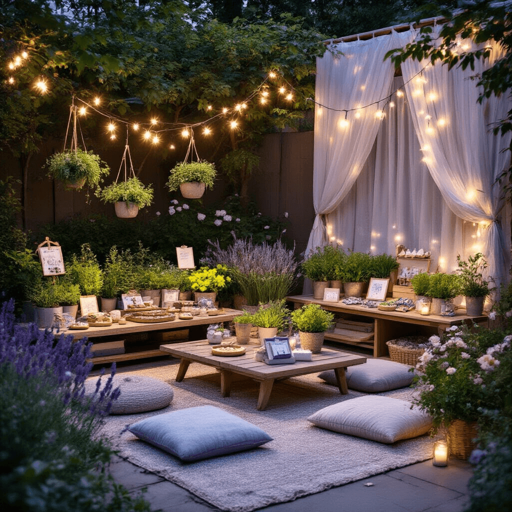 A cinematic wide shot of a stylish backyard garden setup at dusk, featuring hobby-themed gift display tables with indoor herb gardens, artisan chocolates, and DIY craft kits on low wooden tables with floor cushions, illuminated by string lights in a lavender and silver palette, surrounded by fresh florals and sheer drapery.
