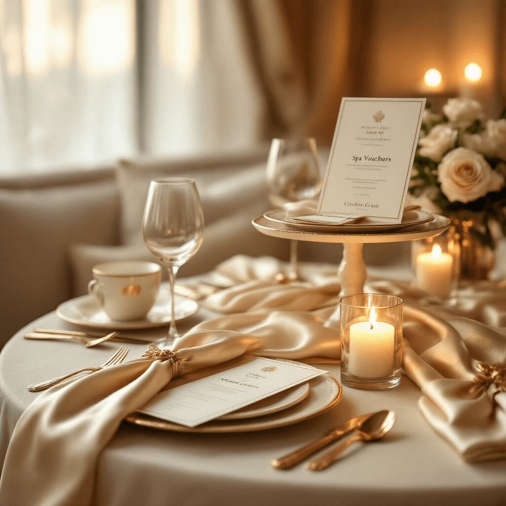 An intimate dining nook featuring a warm evening glow, showcasing tiered stands with concert tickets, spa vouchers, and cooking class certificates, arranged with silk linens and elegant place settings in a gold and cream color palette, highlighted by ambient candlelight to emphasize the luxurious experience of gift giving.