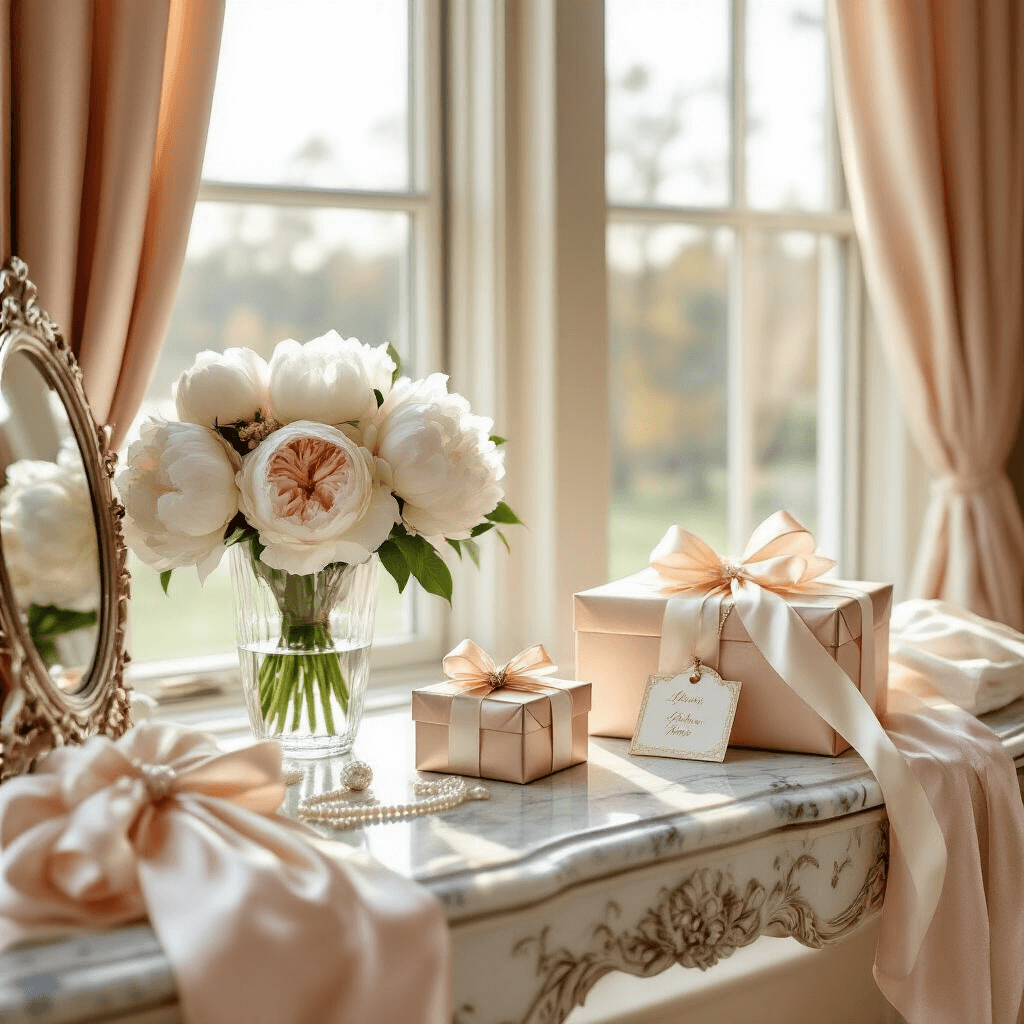 Wide-angle shot of an elegant bridal suite featuring tall windows that let in natural morning light, with a marble vanity showcasing wedding gifts wrapped in gold paper and ivory ribbons, surrounded by a soft blush pink and cream color palette, silk linens, and a crystal vase of white peonies.