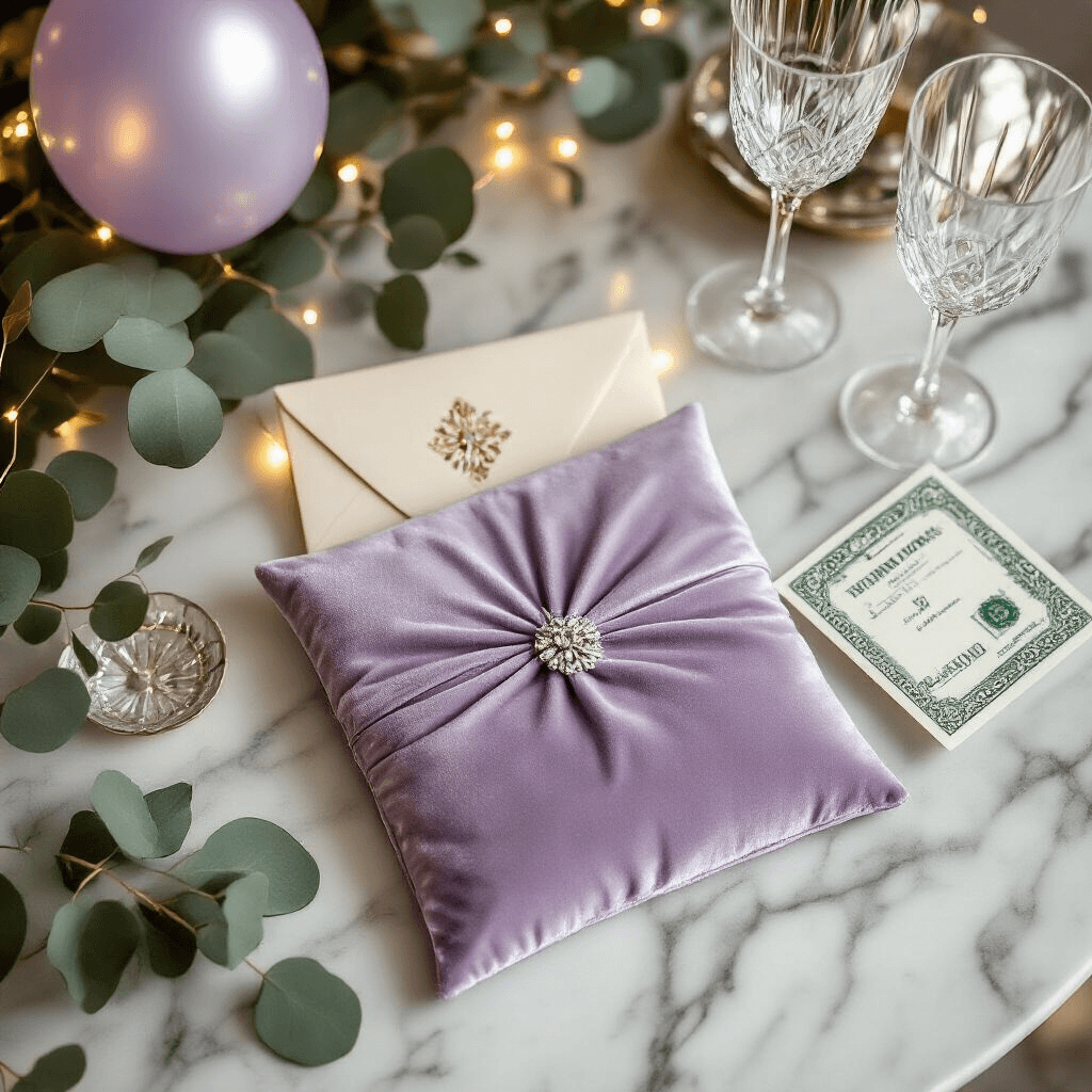 A modern apartment dining table set with an ambient arrangement of cash gift presentations, including decorative velour pouches, ornate wedding envelopes, and money balloons, all on a marble surface, complemented by lavender and silver accents, crystal stemware, and fresh eucalyptus branches in a minimalist and luxe style.