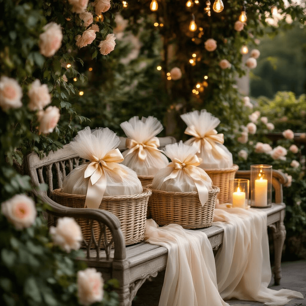 Candlelit garden terrace featuring wicker gift baskets wrapped in ivory fabric on a vintage wooden bench, surrounded by flickering pillar candles, climbing roses, and string lights, creating a romantic atmosphere.