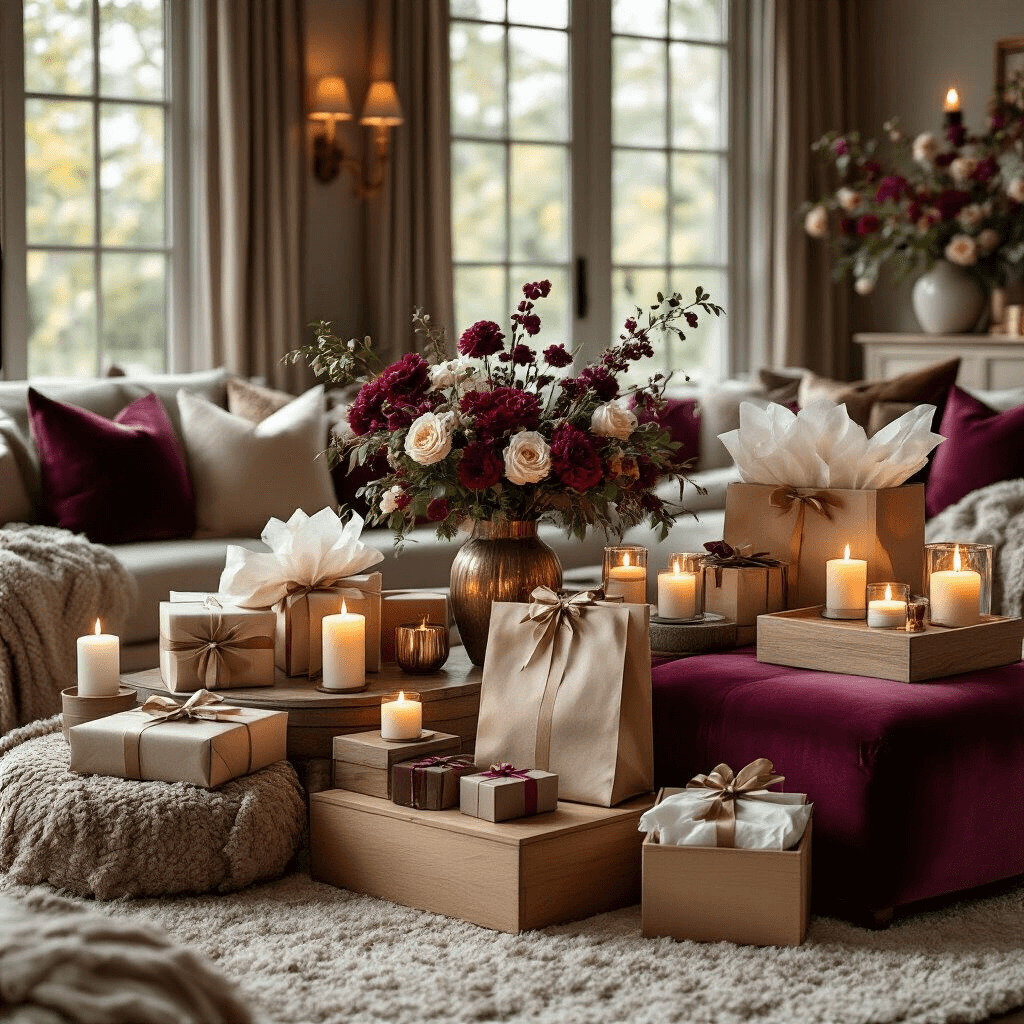 Wide-angle view of a cozy living room featuring warm candlelight, fabric-wrapped gifts, elegant gift bags, and personalized wooden boxes on a plush velvet ottoman, set against a rich burgundy and champagne color palette with brass fixtures and fresh florals in ceramic vases.