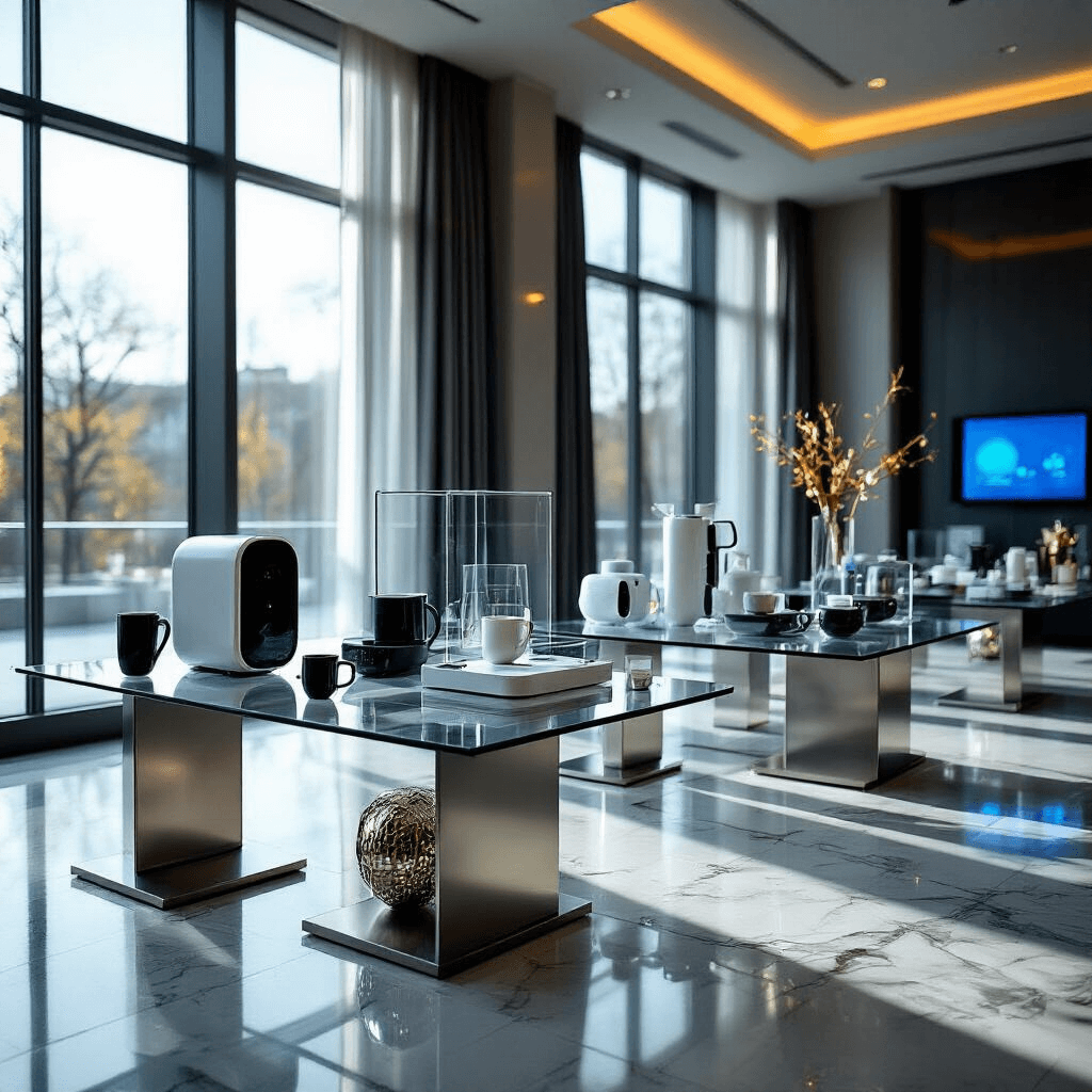 Wide-angle shot of an elegant indoor ballroom with a tech-themed gift display featuring modern glass tables adorned with sleek gadgets, smart mugs, and projectors. The space is illuminated by soft LED lighting in a minimalist palette of gunmetal gray, white, and electric blue. Silk charcoal linens and geometric centerpieces with chrome accents enhance the futuristic atmosphere, while golden hour sunlight filters through large windows, casting dramatic shadows on the marble floor.