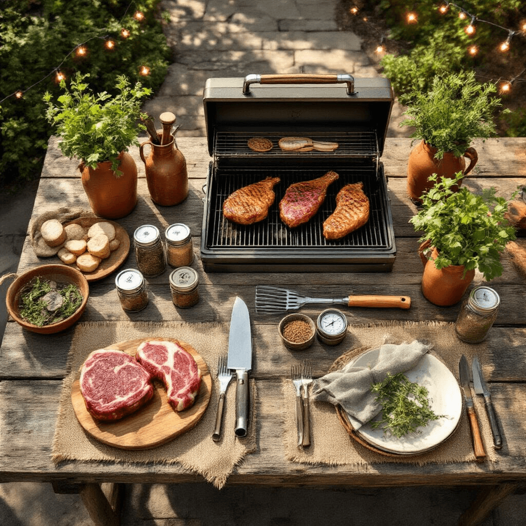 Overhead view of a rustic outdoor kitchen setup featuring weathered wood tables adorned with grilling tools, meat thermometers, artisanal seasonings, and vintage cast iron cookware, surrounded by burlap table runners and mason jars of fresh herbs, all in warm terracotta and sage green tones with copper accents, illuminated by soft morning light and string lights.