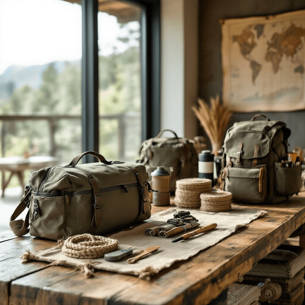 Close-up of an adventure-themed gift table featuring outdoor gear, compact backpacks, and survival tools on low wooden tables. The earthy color palette of olive green, tan, and deep brown complements textured fabrics and rope accents, with vintage maps in the background. Natural sunlight streams through large windows, enhancing the rugged materials and creating an indoor outdoor expedition vibe.