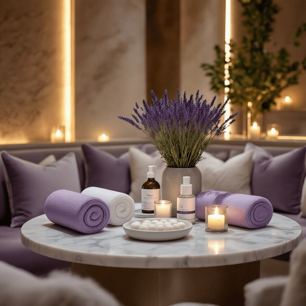 A luxurious spa-themed wellness gift display in an intimate dining nook featuring round marble tables with recovery tools, foam rollers, and self-care products, accented by calming lavender and silver tones, velvet cushions, and eucalyptus arrangements, all illuminated by warm golden candlelight.