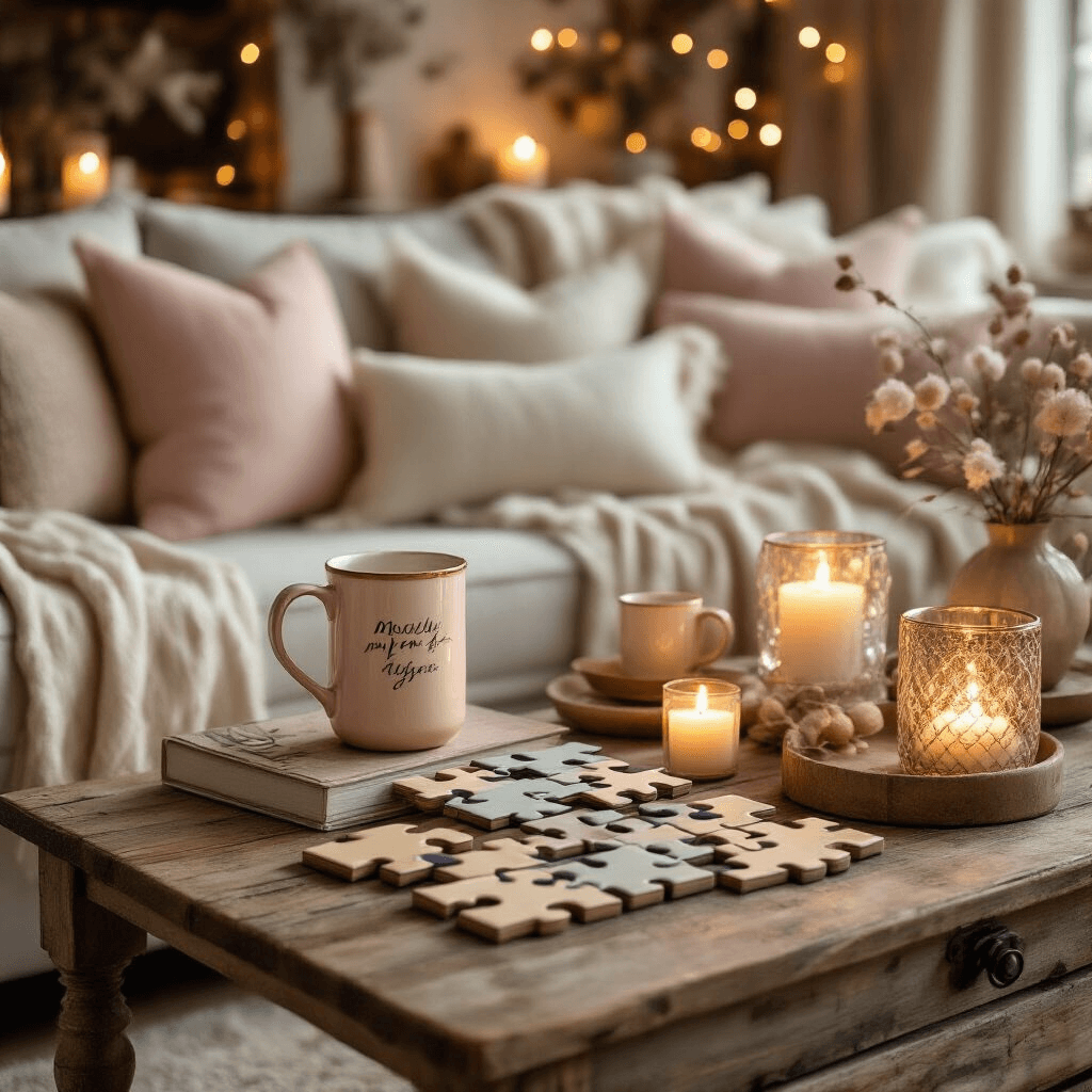 Cozy living room scene featuring budget-friendly gift options like personalized drinkware, unique puzzles, and affordable accessories on vintage wooden surfaces, adorned with warm blush pink and cream tones, gold accents, layered textiles, soft pillows, and intimate candle groupings, all illuminated by fairy lights.
