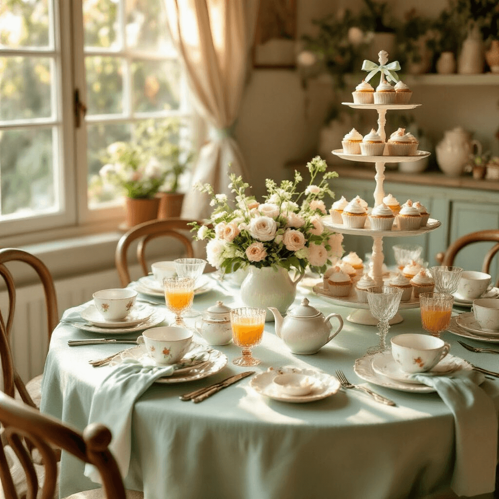 Intimate dining nook for toddlers featuring a round table set with mint green linens, ceramic tea sets, and pastel florals, illuminated by golden hour light. A tiered cake display of delicate cupcakes is accompanied by crystal juice glasses. Dress-up accessories adorn vintage wooden chairs, with a close-up on intricate place settings, silk ribbons, and personalized favors, all in a warm terracotta and sage color palette.