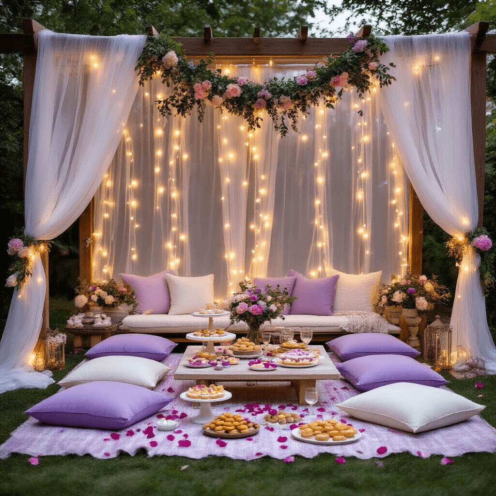 Stylish backyard picnic setup with low tables, floor cushions in lavender and cream, sheer drapery, fairy lights, fresh flower garlands on vintage wooden posts, marble cake stands with colorful treats and delicate glassware, and beautifully arranged finger foods with rose petals and custom signage in soft evening light.