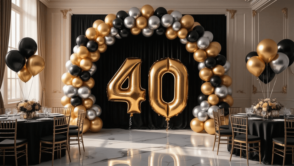 Luxurious ballroom decorated for a 40th birthday, featuring a glamorous balloon arch in gold, black, and silver with large '4' and '0' balloons, round tables with silk black linens, crystal glassware, and ambient lighting reflecting off marble floors.