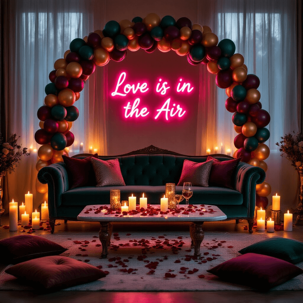 A cozy living room elegantly decorated for an engagement celebration, featuring a jewel-toned balloon arch, a vintage velvet sofa, confetti-filled balloons, flickering candles, and rose petals, all illuminated by warm lighting and a glowing neon sign.