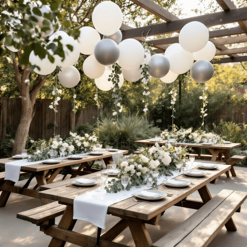 A stylish backyard engagement party setup featuring rustic wooden picnic tables with white linens, adorned with monochrome balloon clusters and fresh eucalyptus, illuminated by soft morning light.