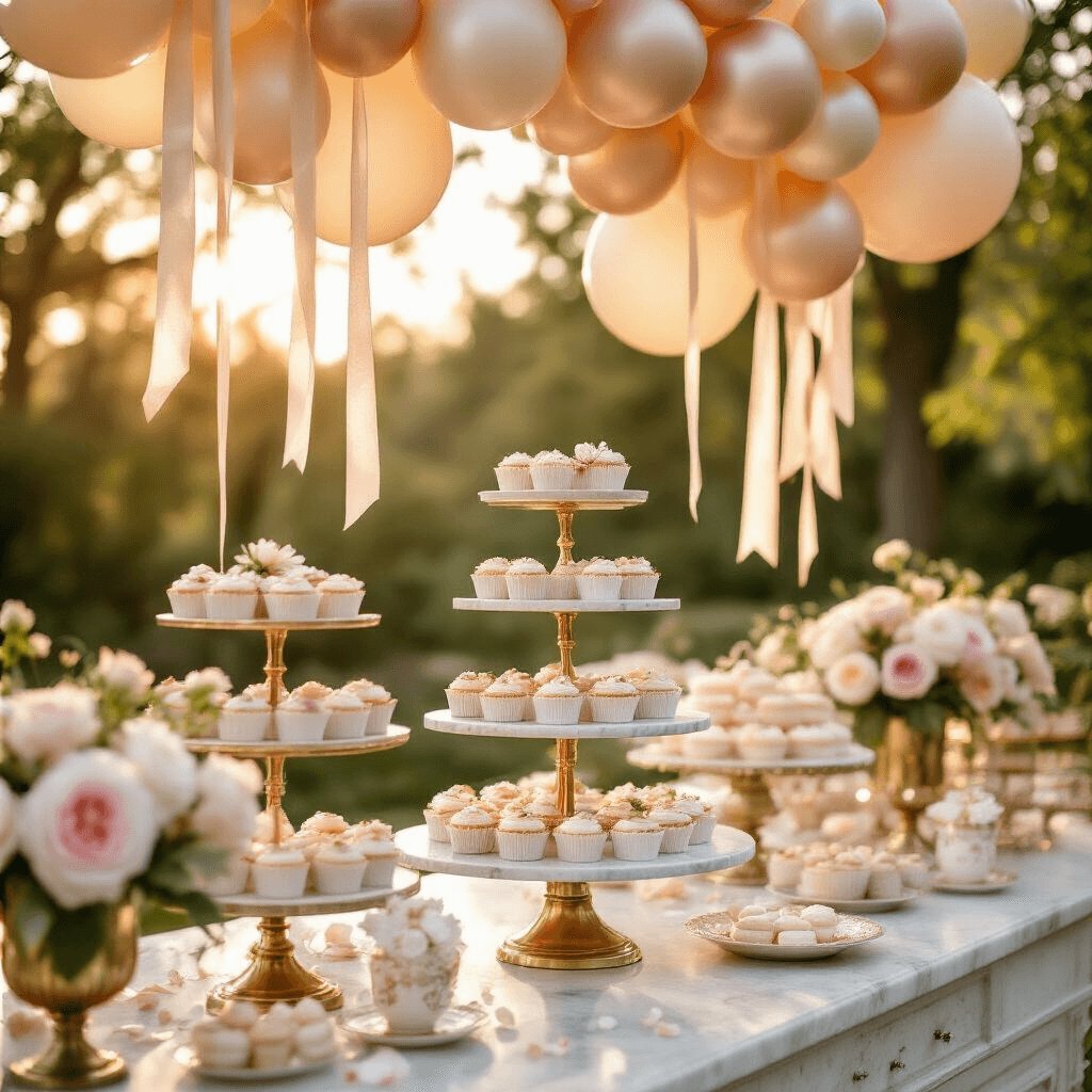 Elegant dessert table featuring tiered marble cake stands with engagement-themed treats, adorned with a cascading balloon installation in soft blush, champagne, and pearl white, set in a garden during golden hour. Delicate silk ribbons and vintage gold stands highlight personalized favors and confetti balloons, while fresh peonies and roses in mercury glass vases complete the intimate celebration.