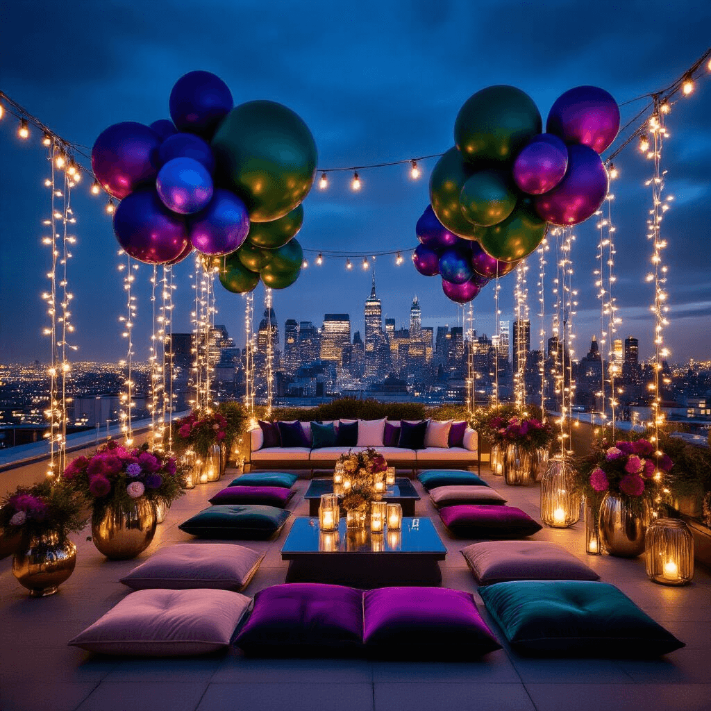 A stunning rooftop terrace engagement celebration at night, adorned with bold balloon installations in sapphire blue, emerald green, and deep purple, surrounded by modern furniture and velvet floor cushions, illuminated by fairy lights and city lights.