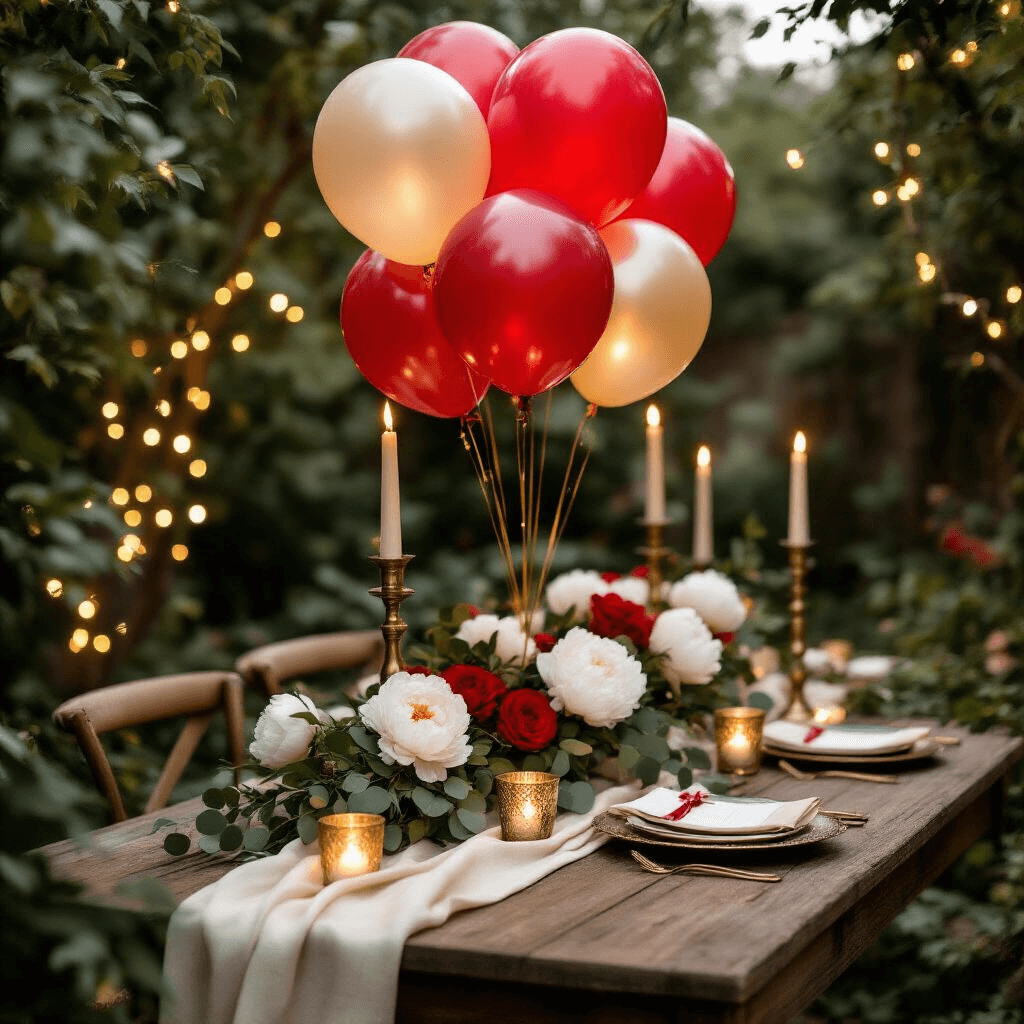Close-up detail of a romantic engagement photoshoot setup featuring a rustic wooden table with red balloons and brass candlesticks, surrounded by warm fairy lights, cream and gold linen runners, white peonies, and eucalyptus, all under candlelit evening ambiance.