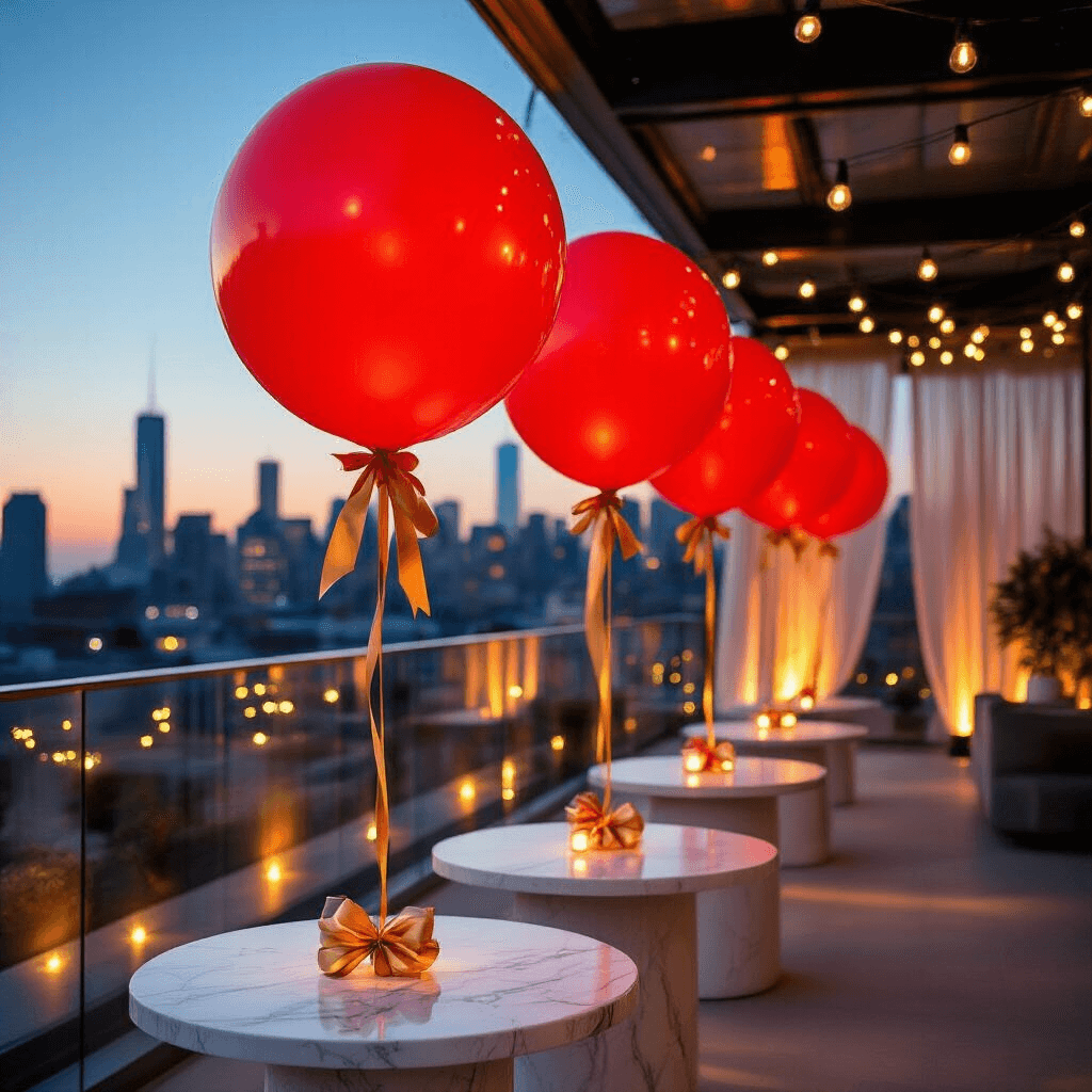 A luxurious corporate event on a rooftop terrace illuminated by fairy lights, featuring elegant cocktail tables with white marble tops, oversized red balloons tied with metallic gold ribbons, and a city skyline backdrop, all exuding sophistication and refined professionalism.