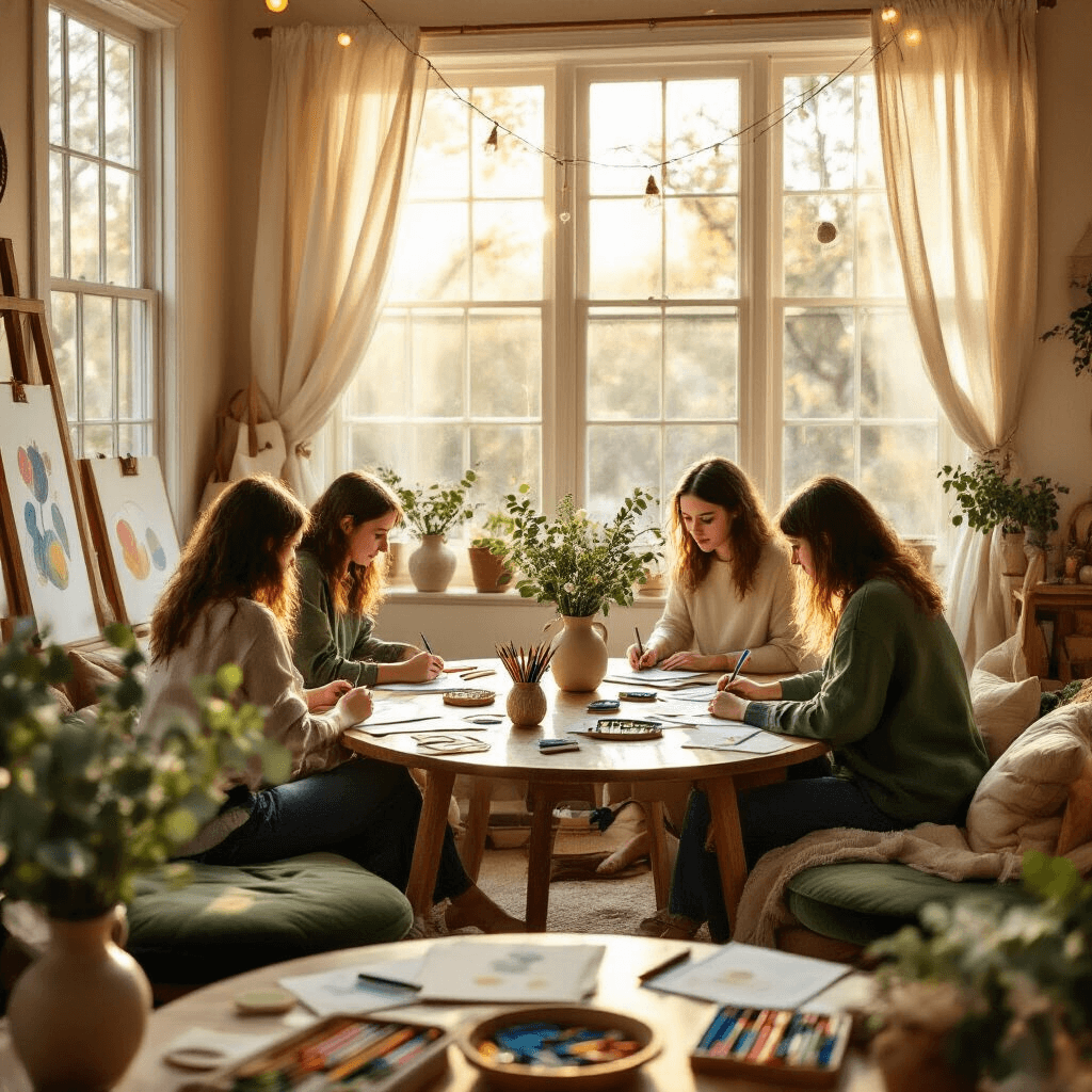 A cozy art workshop filled with natural light in a living room, featuring artists drawing on balloon sketches at round wooden tables, surrounded by eucalyptus centerpieces and adorned with fairy lights.