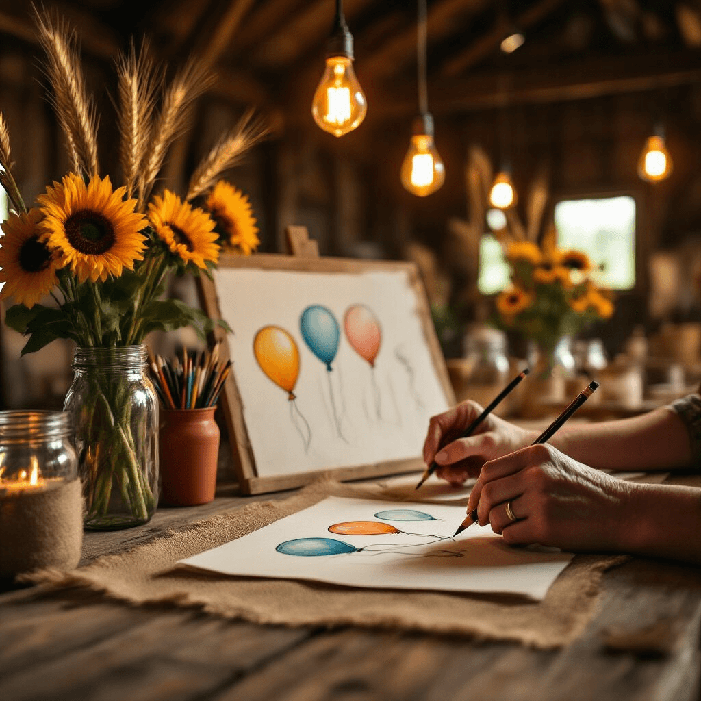 Close-up of hands sketching balloons on textured paper in a cozy, candlelit barn workshop, surrounded by warm amber lighting, vintage Edison bulbs, and rustic decor, with finished sketches pinned to weathered wooden boards in the background.
