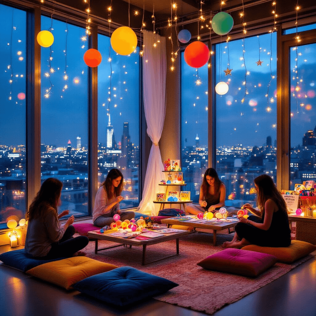 Cinematic wide shot of a modern apartment art party at night, featuring floor-to-ceiling windows showcasing city lights and illuminated with fairy lights. Low tables with velvet floor cushions host groups drawing balloon art with vibrant primary colors and metallic supplies. Tiered display stands hold finished artwork, while sheer drapery softens the ambiance, and gift tables display personalized art supply favors.