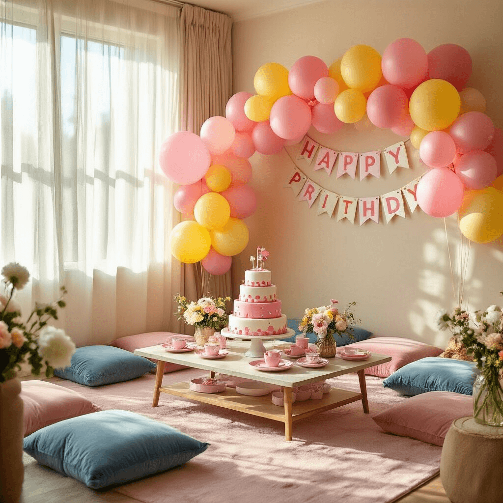 Cinematic wide-angle shot of a cozy living room transformed into a Peppa Pig-themed wonderland with pastel balloons, a tiered birthday cake, plush seating, and whimsical decorations in soft golden hour lighting.