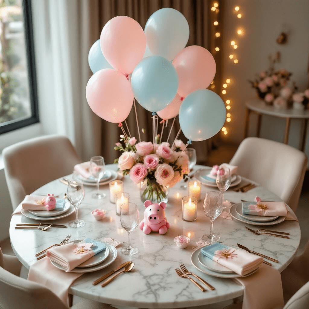 Overhead view of a modern apartment dining space elegantly decorated for a Peppa Pig party, featuring a round marble table with pastel balloons, fine glassware, silk linens, and fairy lights, all in a blush pink, soft blue, and ivory color scheme.
