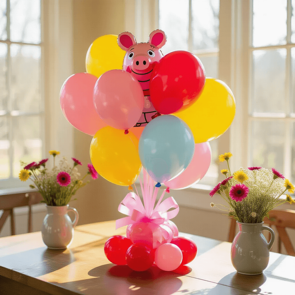 Close-up of a Peppa Pig balloon bouquet centerpiece in a cozy dining nook, featuring mylar character balloons in red and pink, surrounded by yellow and blue latex balloons, with a rustic wood table, fresh wildflowers in ceramic vases, and sheer pink ribbons, all illuminated by natural midday sunlight.