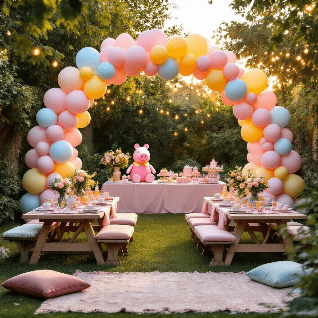 Wide shot of a beautifully styled backyard during golden hour, featuring a pastel balloon arch inspired by Peppa Pig, picnic tables with blush pink linens, themed party accessories, string fairy lights, fresh florals in mason jars, and cozy velvet floor cushions, all set against lush greenery.