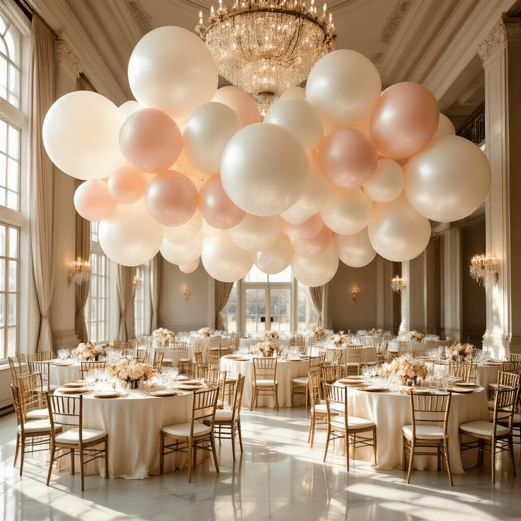 Wide-angle view of an elegant ballroom featuring large pearl white and blush pink latex balloons floating above round tables, illuminated by golden hour sunlight streaming through tall windows, with crystal chandeliers and marble floors enhancing the luxurious ambiance.
