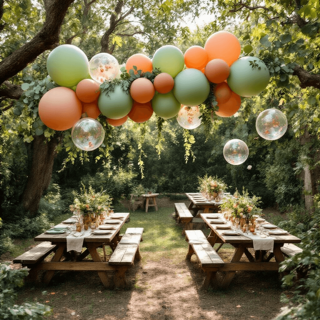 Overhead view of a whimsical garden party with sage green and terracotta balloon installations, eucalyptus garlands, rustic wooden picnic tables, and confetti-filled clear bubble balloons above vintage brass centerpieces and earthy-toned linen napkins, all illuminated by natural midday sunlight.
