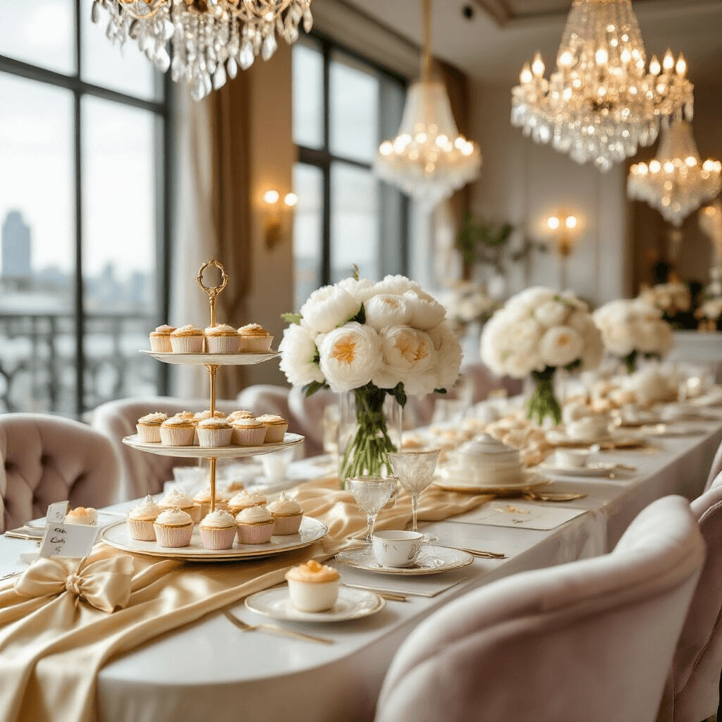 Elegant tea party venue in a modern apartment, featuring a sleek dining area with gold and ivory accents, silk table runners, fresh white peonies, a tiered dessert cart with mini sandwiches and pastel cupcakes, velvet chairs with tulle bows, crystal chandeliers, and personalized place cards, all capturing a blend of adult sophistication and child-friendly charm.