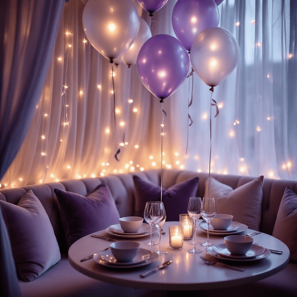 Close-up of an intimate dining nook adorned with lavender and silver translucent balloons filled with fairy lights, velvet cushions, and ceramic place settings, all softly illuminated by candlelight against a backdrop of sheer drapery, creating a romantic atmosphere.